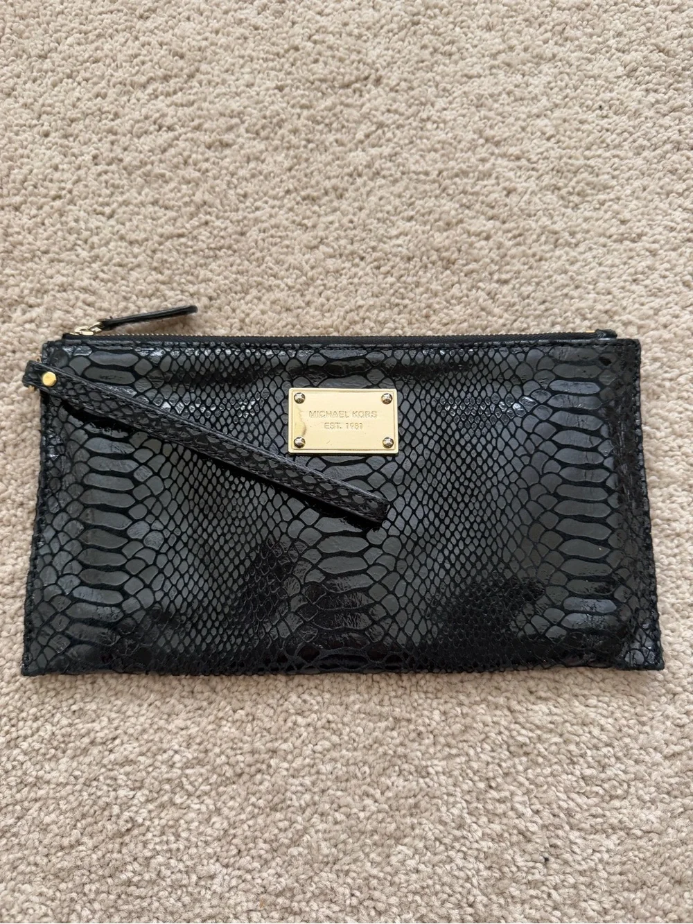 Black snakeskin Michael Kors wristlet clutch leather gold hardware